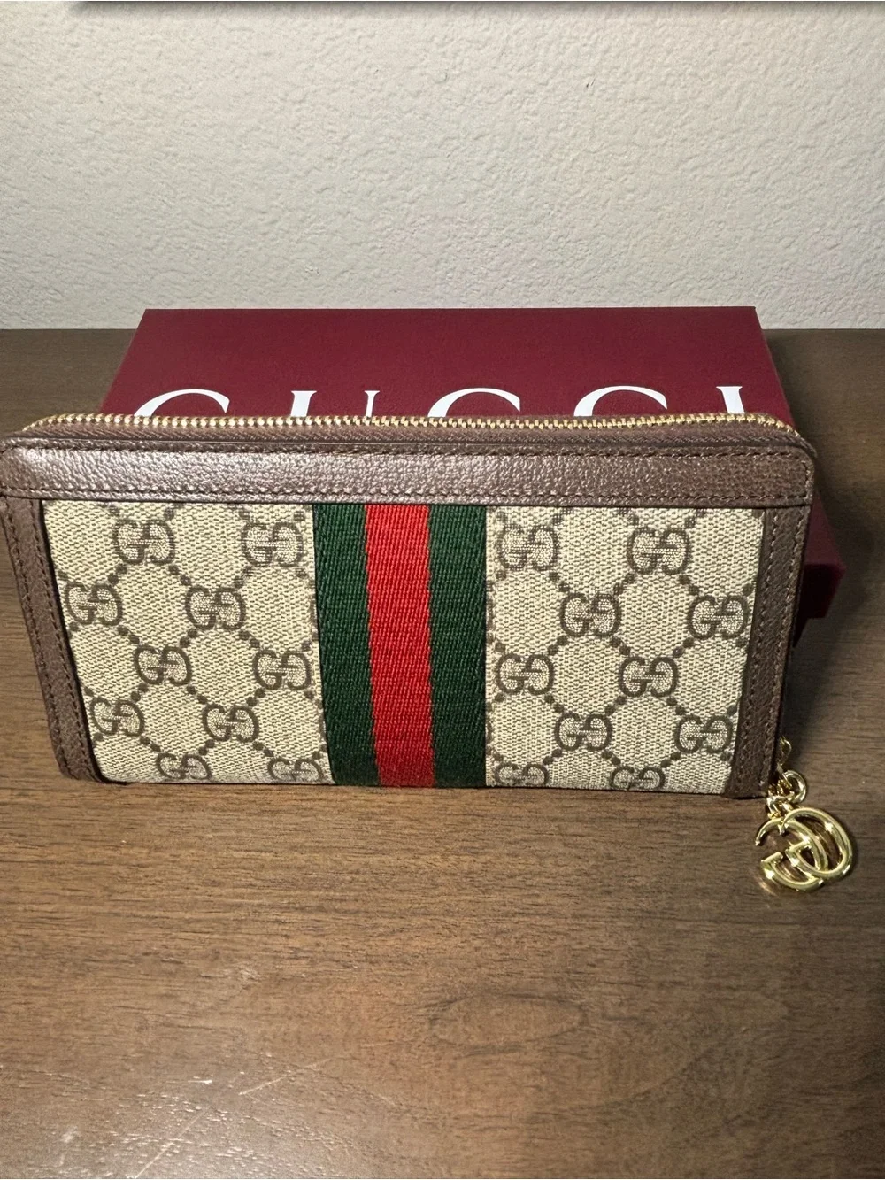 Gucci Brown & Beige GG Supreme Tote with Green-Red Web Stripe with wallet